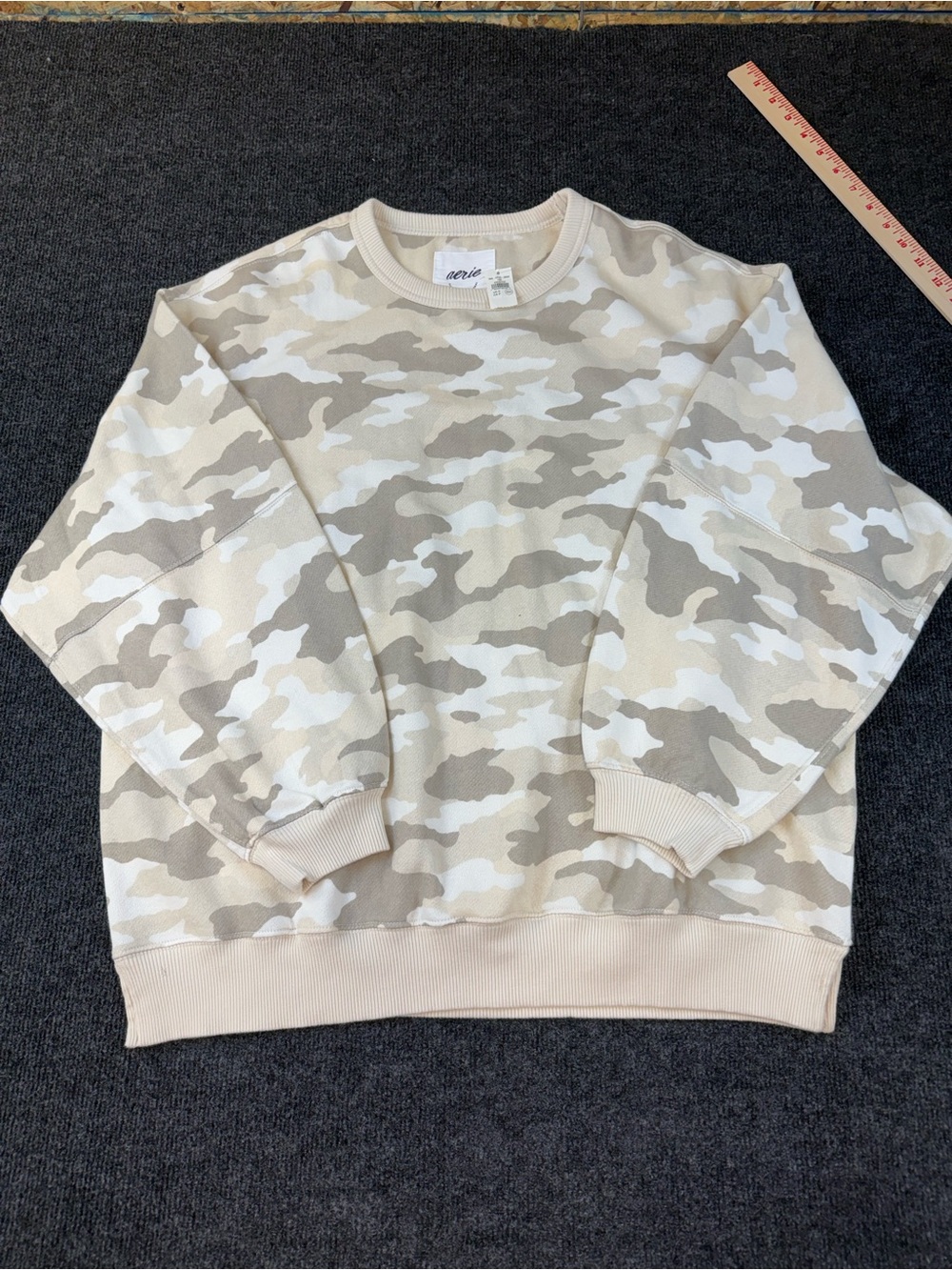 Aerie Beige Camo Crewneck Sweatshirt Oversized Small